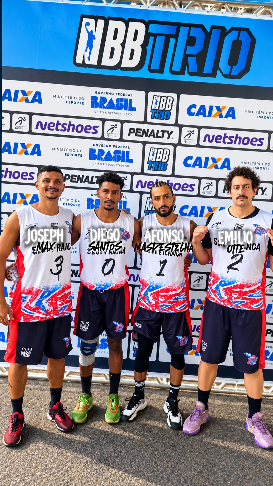 Atletas diante do painel NBB Trio
